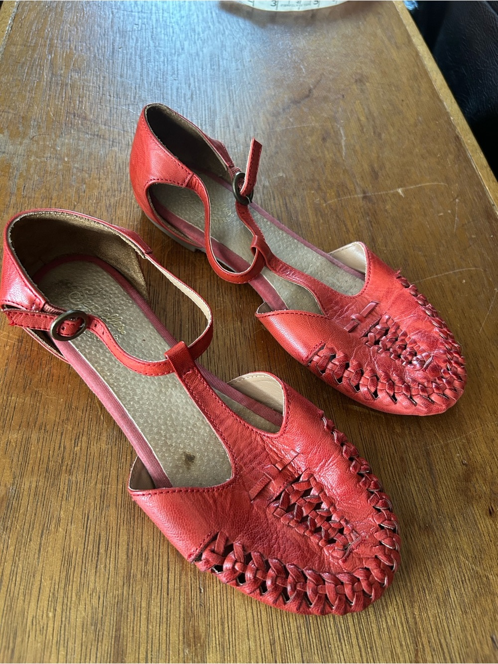 Orange Women’s Woven Leather T-Strap Flats